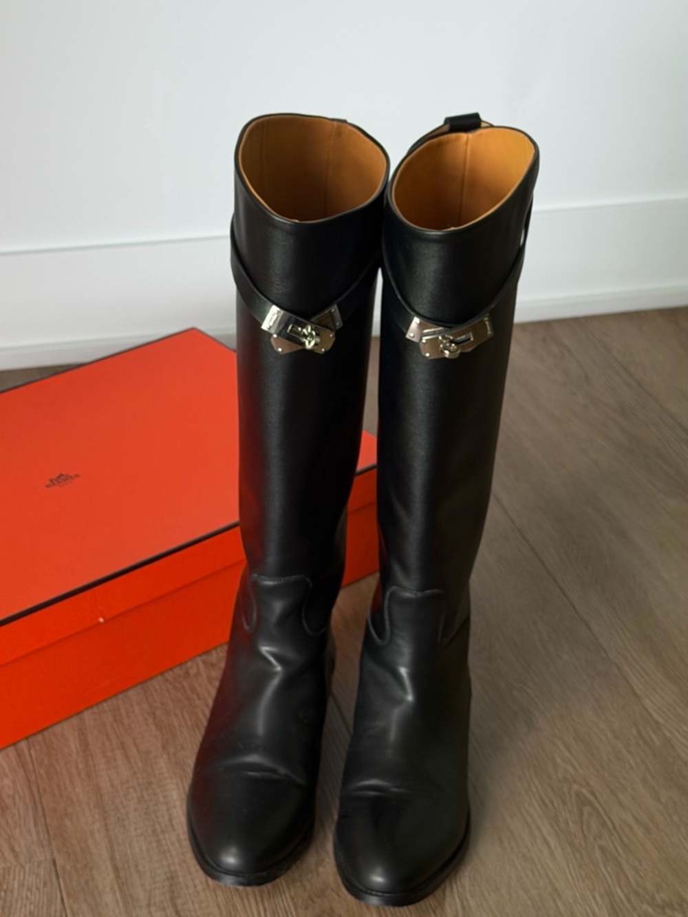 Hermes Black Leather Knee Boots with Silver Buckle
